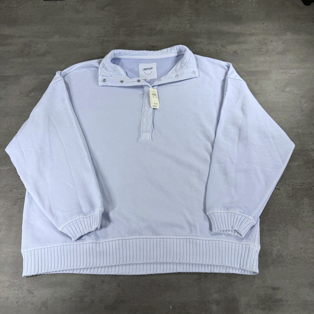 Aerie Oh Snap Sweatshirt Womens S Quilted Snap Neck Light Blue Relaxed NEW 1/4
